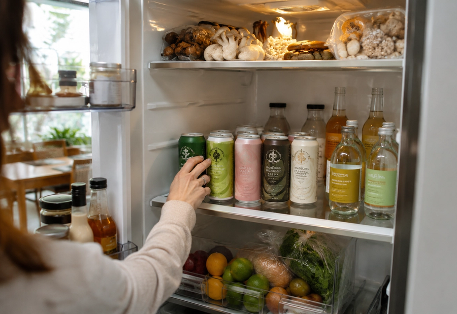 A woman reaches into an open refrigerator toward a row of trendy functional drinks, with mushrooms on the top shelf and fresh fruit and vegetables in the drawer below