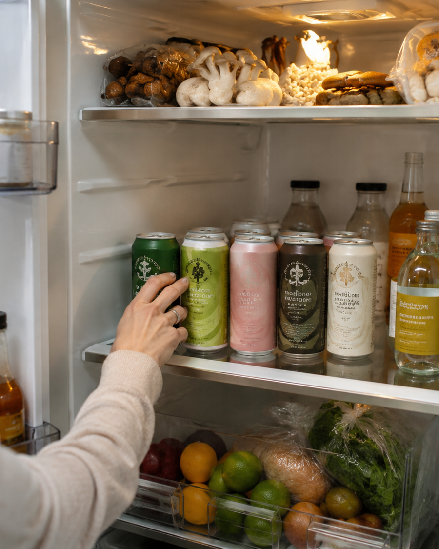 A woman reaches into an open refrigerator toward a row of trendy functional drinks, with mushrooms on the top shelf and fresh fruit and vegetables in the drawer below