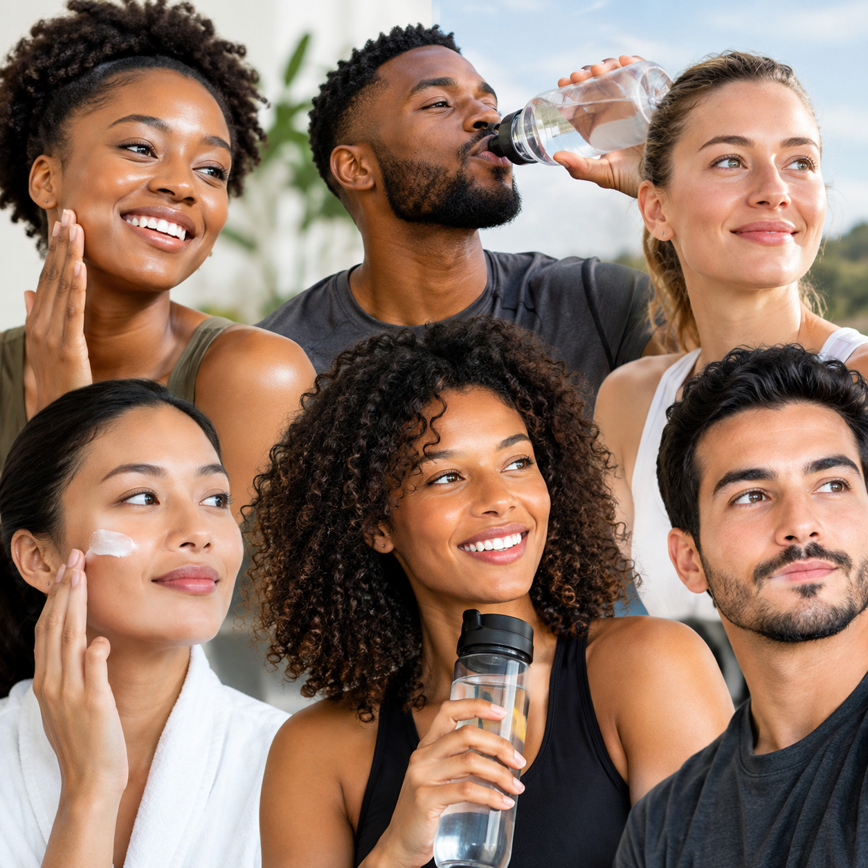 Diverse men and women with different skin tones representing healthy skin and hydration, including people drinking water and caring for their skin.