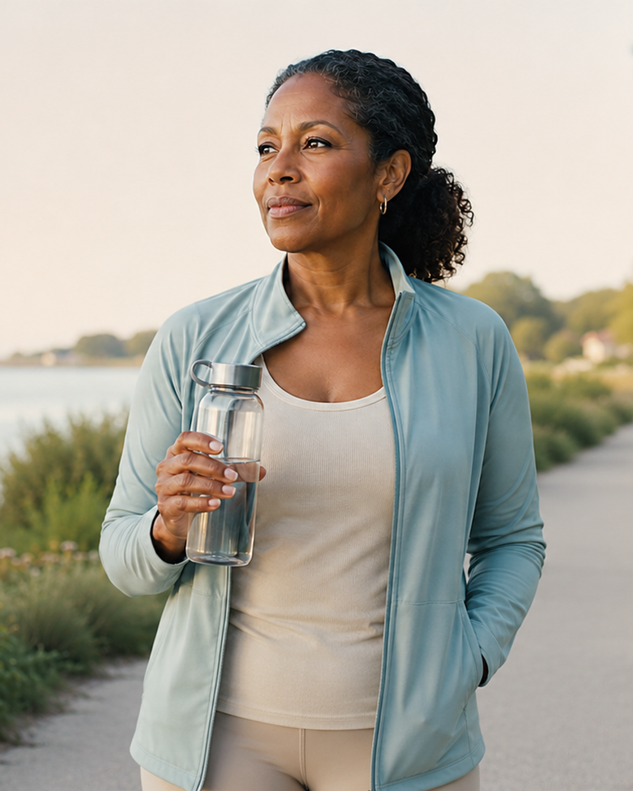 A woman in her late 40s holds a clear water bottle while standing beside a peaceful outdoor walking path.