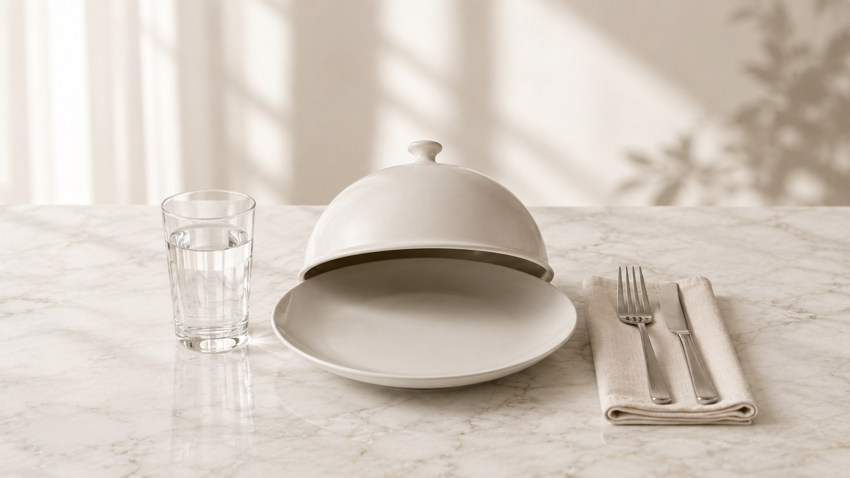 A white ceramic cloche partly covers an empty plate beside a glass of water and neatly arranged cutlery on a folded napkin atop a marble surface.