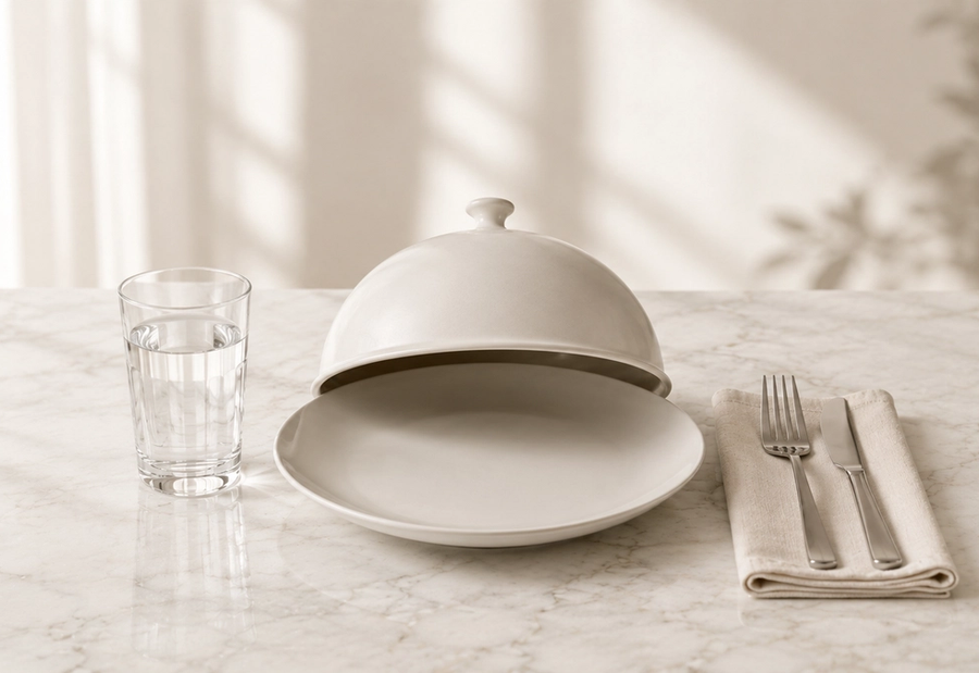 A white ceramic cloche partly covers an empty plate beside a glass of water and neatly arranged cutlery on a folded napkin atop a marble surface.