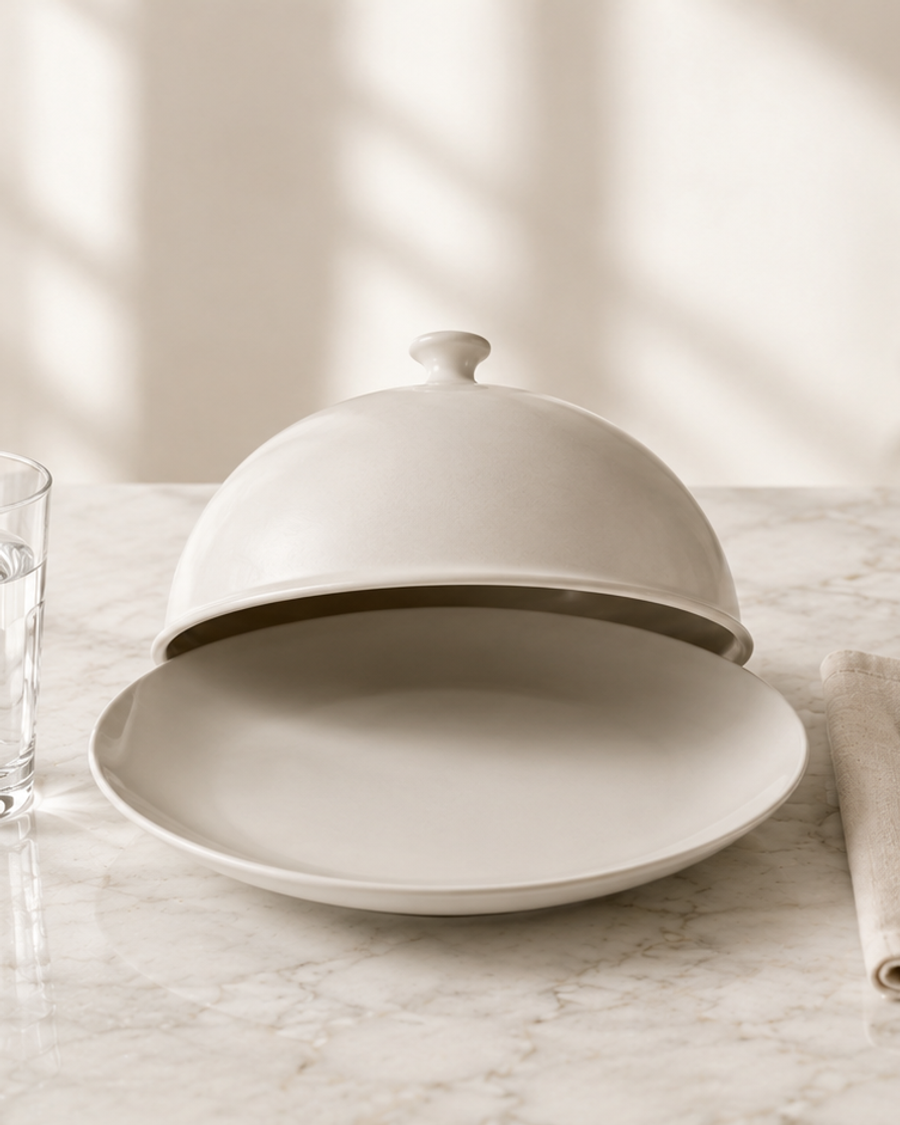 A white ceramic cloche partly covers an empty plate beside a glass of water and neatly arranged cutlery on a folded napkin atop a marble surface.