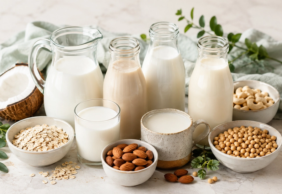 Assorted dairy and plant-based milks in glass bottles and cups, surrounded by oats, almonds, soybeans, cashews, and coconut on a light marble surface.