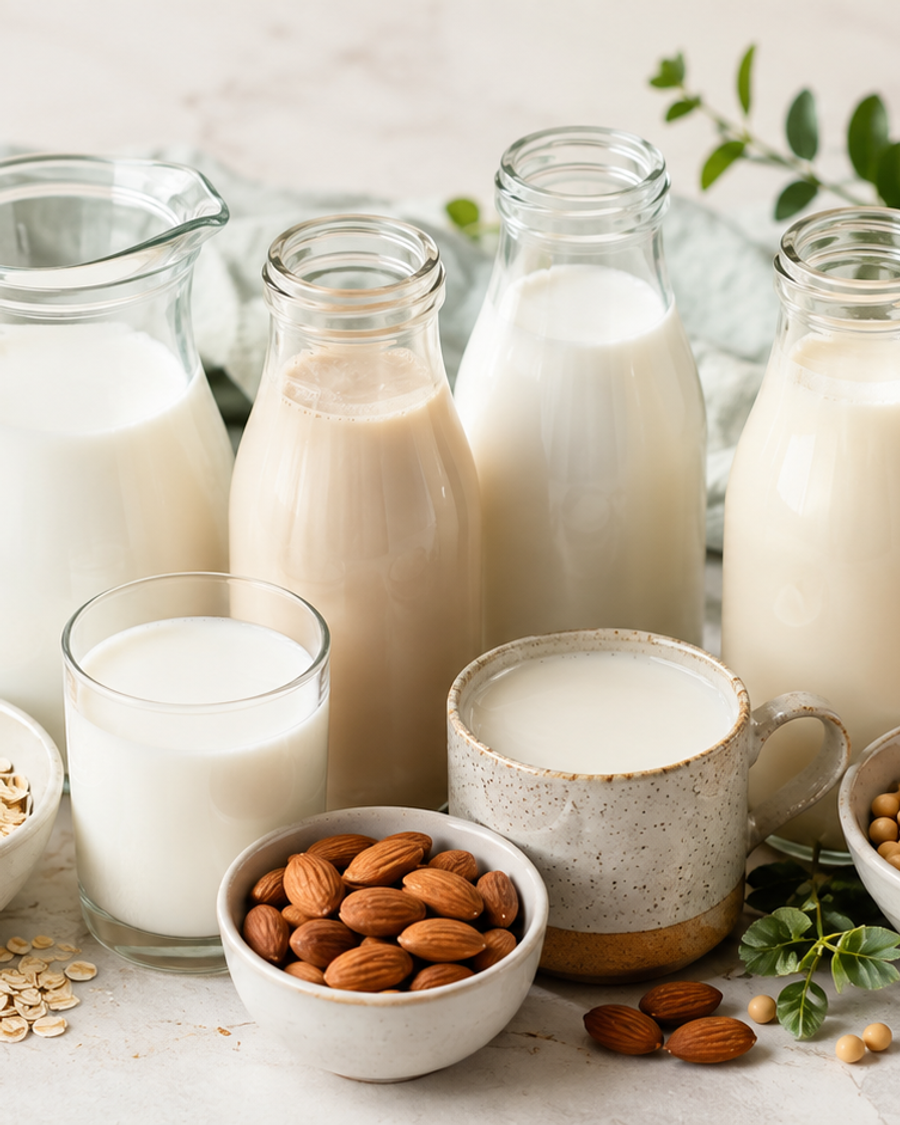 Assorted dairy and plant-based milks in glass bottles and cups, surrounded by oats, almonds, soybeans, cashews, and coconut on a light marble surface.