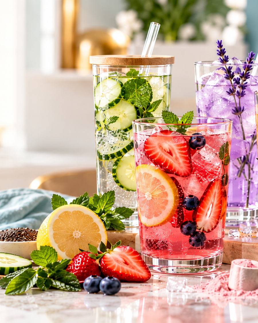 A colorful selection of infused water drinks featuring cucumber, mint, strawberries, citrus fruits, and lavender, arranged with fresh ingredients on a bright marble countertop.