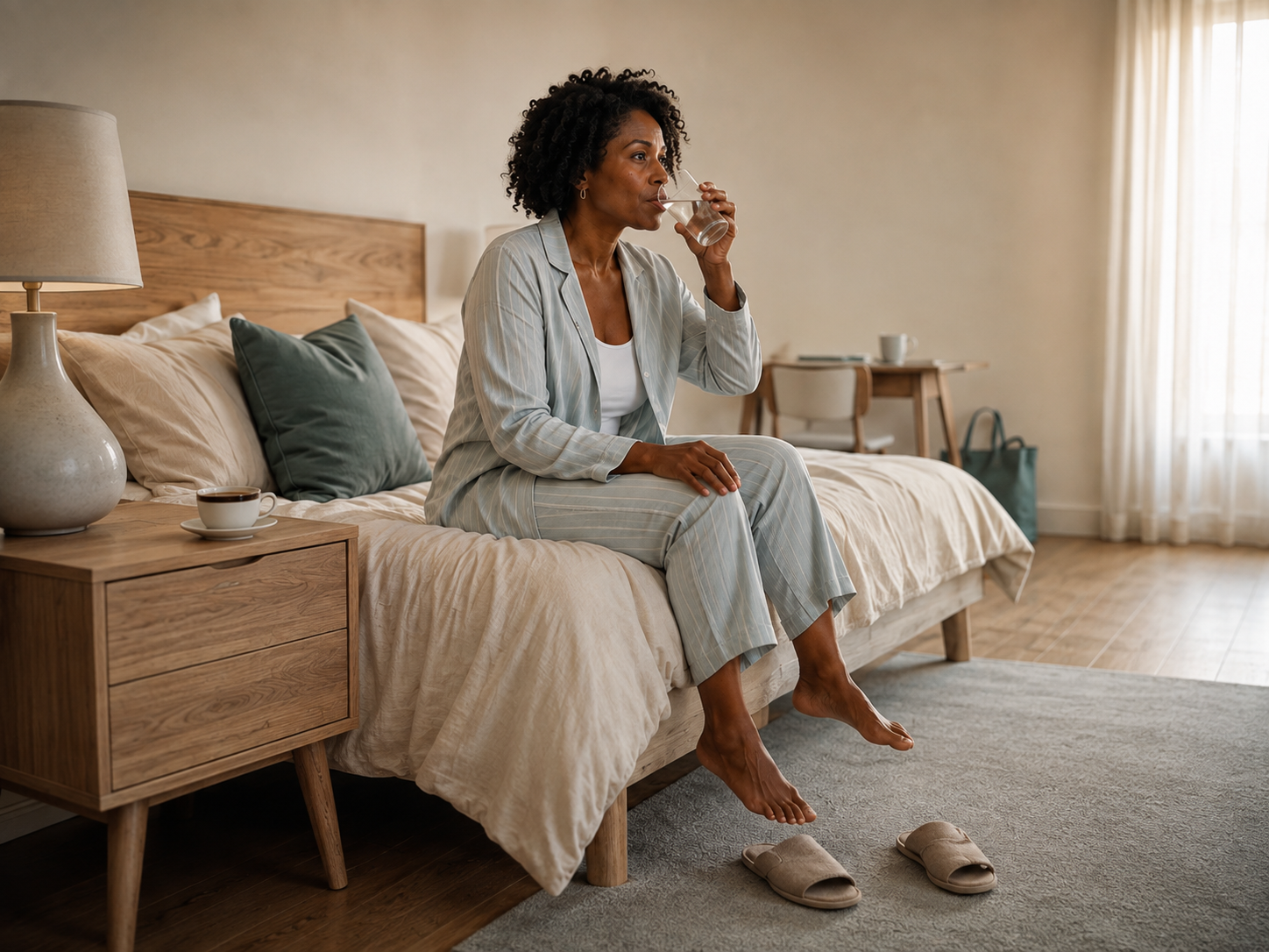 Black woman in striped pajamas sits on the edge of her bed drinking a glass of water beside a bedside table with coffee, in soft morning light.