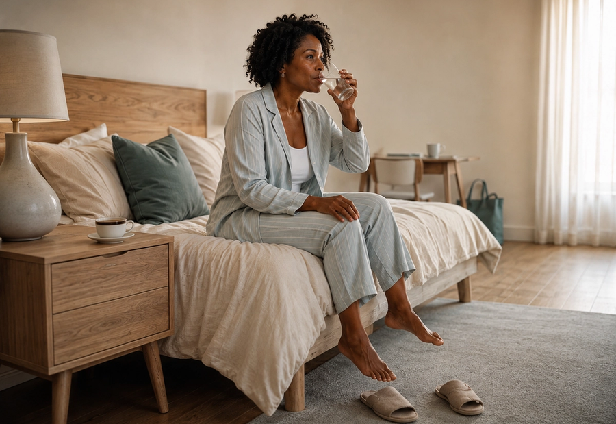 Black woman in striped pajamas sits on the edge of her bed drinking a glass of water beside a bedside table with coffee, in soft morning light.