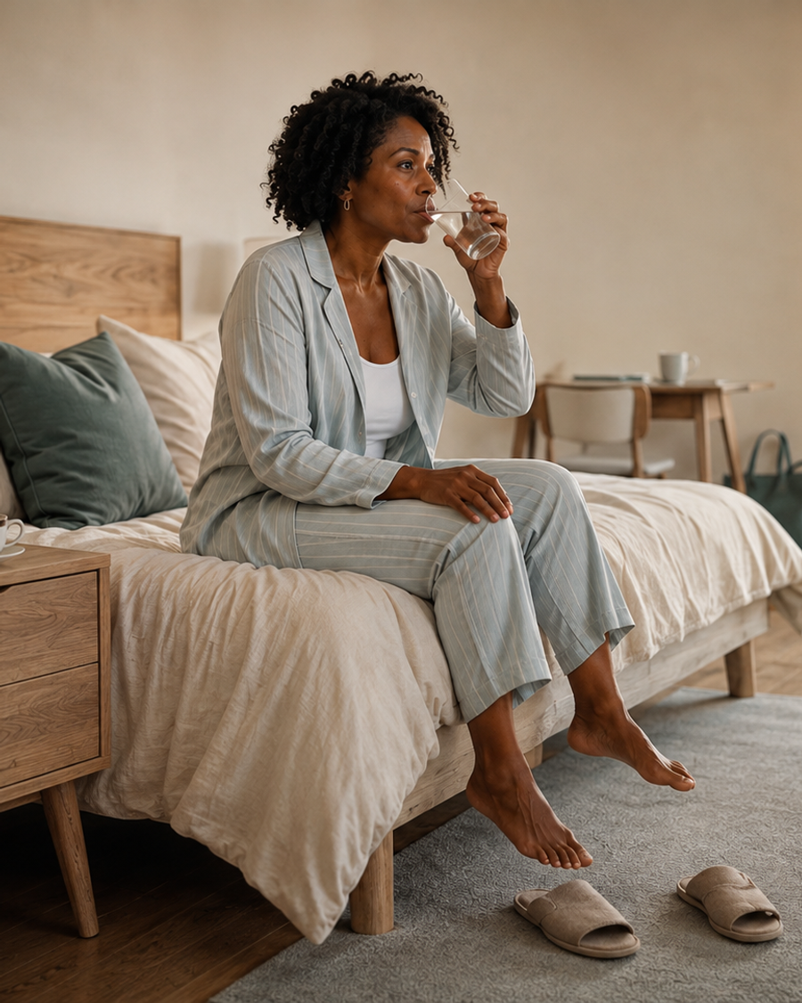 Black woman in striped pajamas sits on the edge of her bed drinking a glass of water beside a bedside table with coffee, in soft morning light.