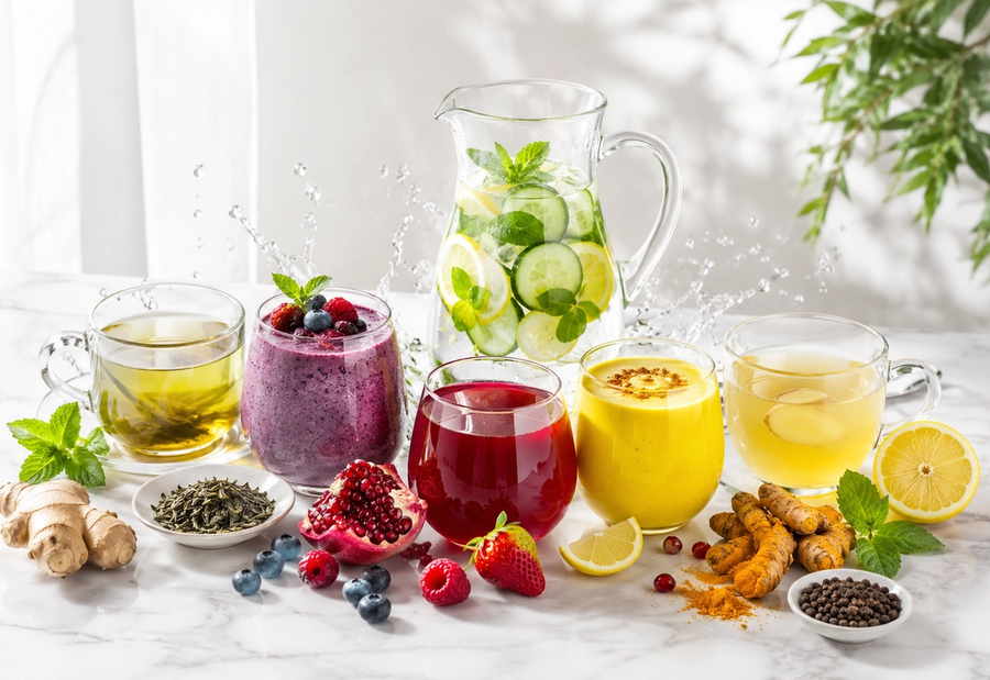 A collection of healthy anti-inflammatory drinks including green tea, turmeric golden milk, berry smoothies, ginger tea, and infused water arranged with fresh fruits and herbs
