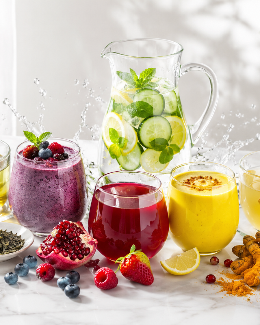 A collection of healthy anti-inflammatory drinks including green tea, turmeric golden milk, berry smoothies, ginger tea, and infused water arranged with fresh fruits and herbs