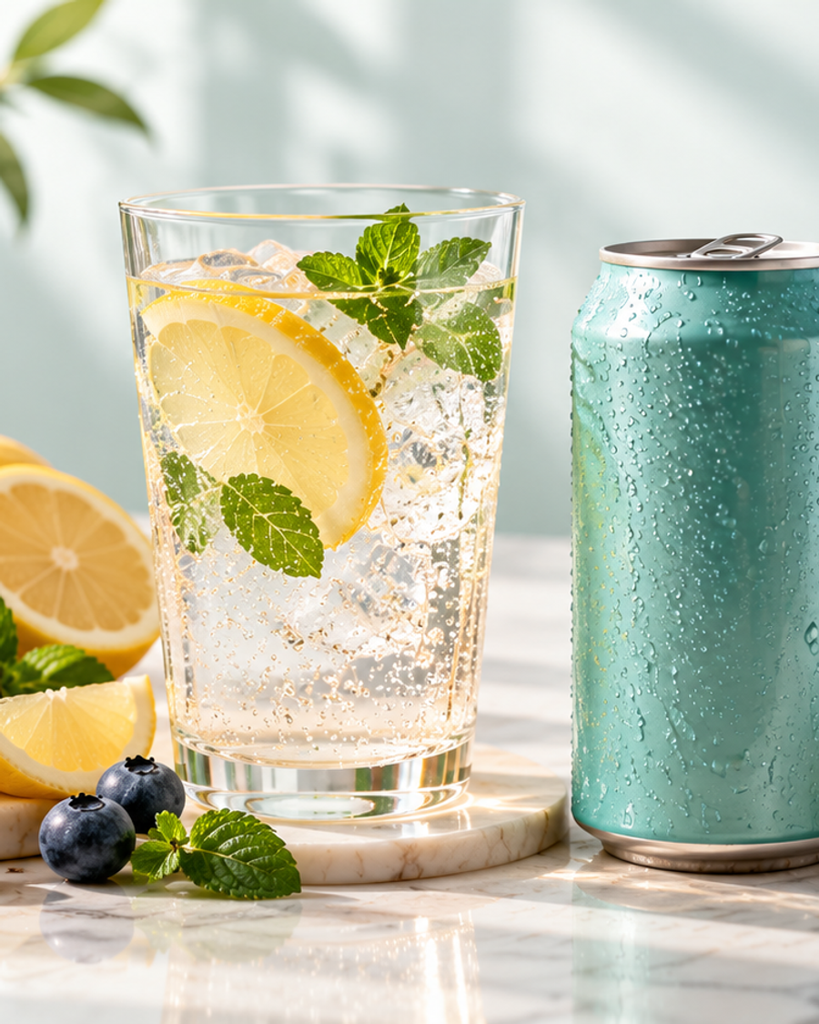 Unbranded teal soda can beside a glass of sparkling citrus and mint drink with fresh berries.