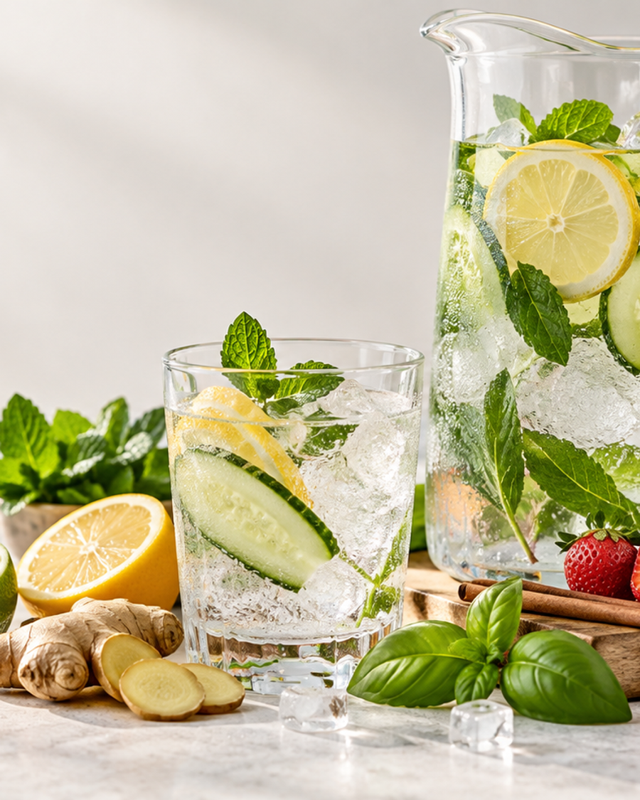 A clear pitcher and glasses of chilled water surrounded by lemon, lime, cucumber, mint, berries, ginger, basil, rosemary, orange, and cinnamon for naturally flavored hydration