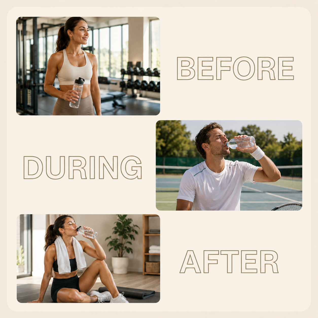 Exercise hydration before, during, and after a workout with recreational exercisers drinking water and recovering