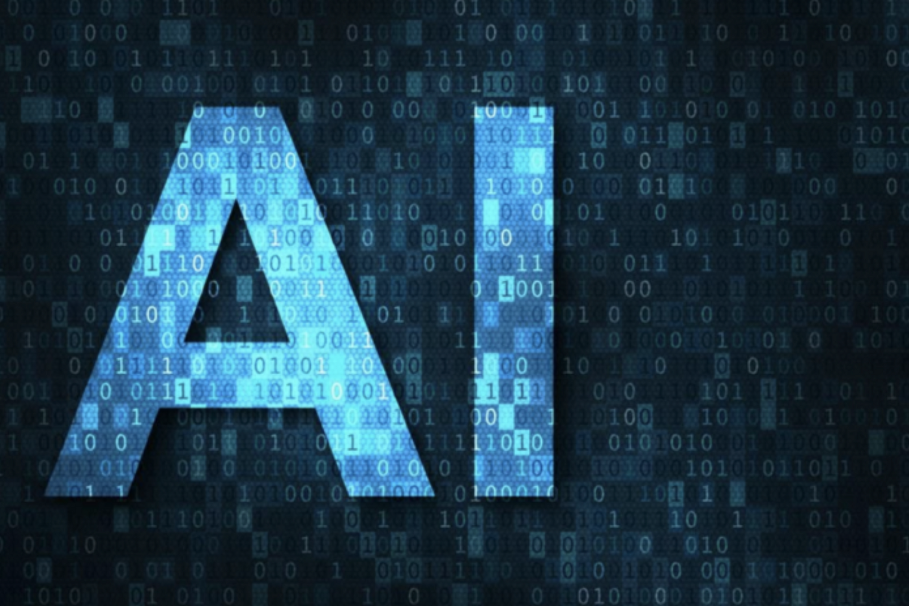 The letters AI with an overlay of binary characters