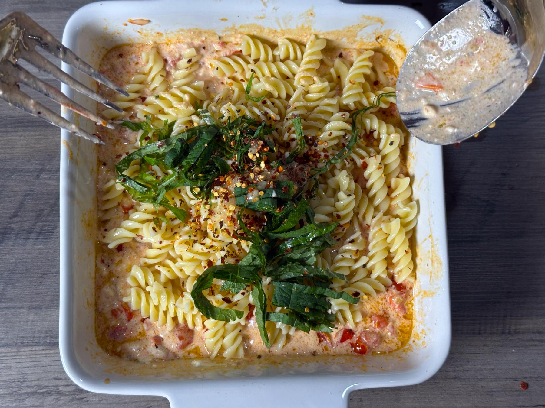 pasta noodles and perilla leaves added on the pot