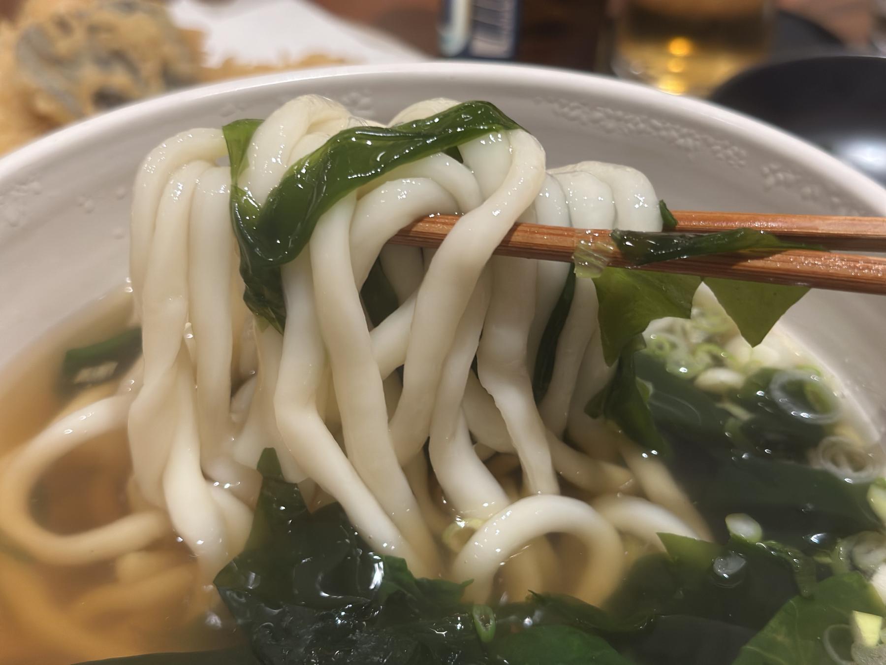 holding udon noodles with chopisticks