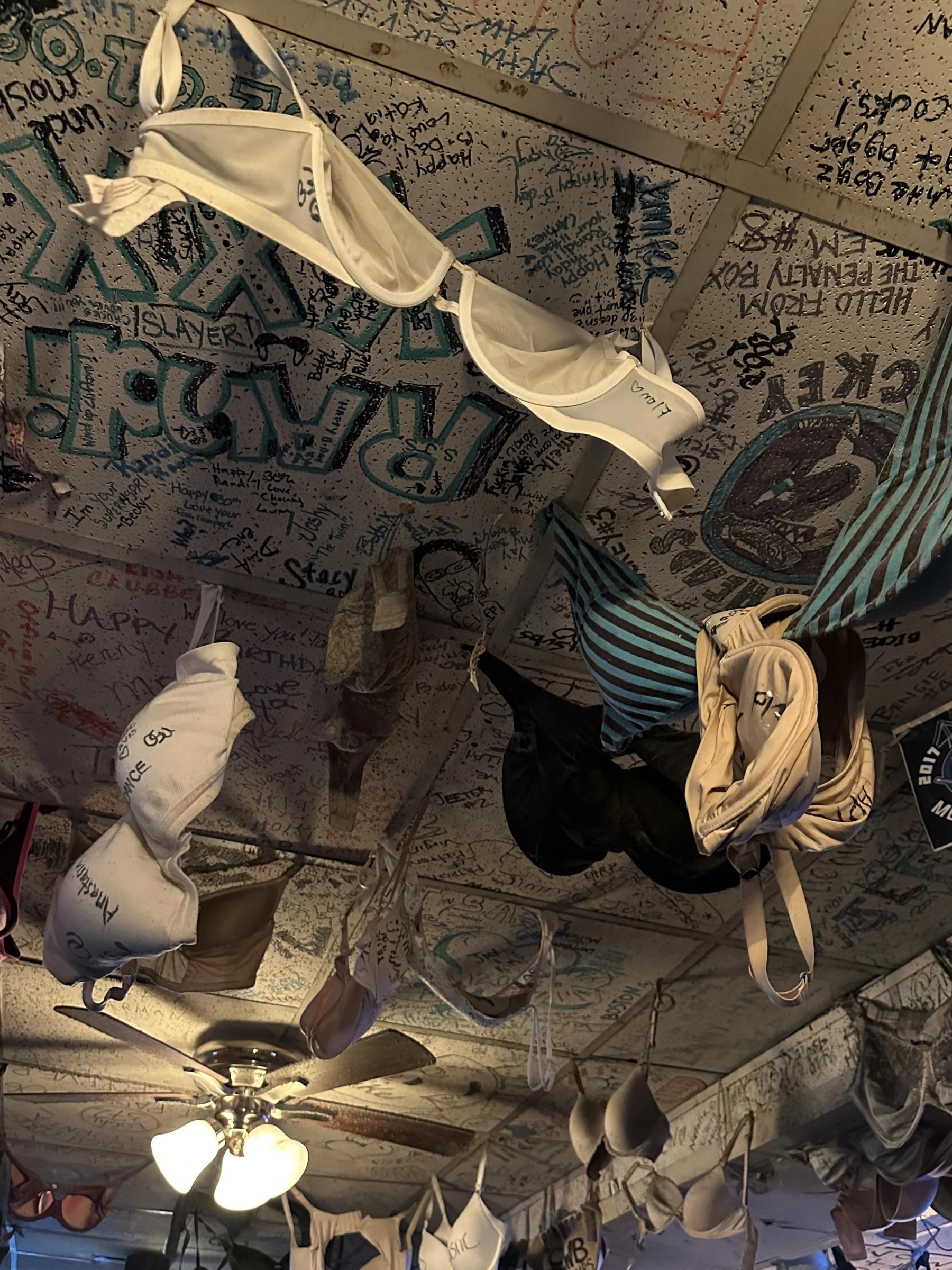 Women’s bras hang from the ceiling