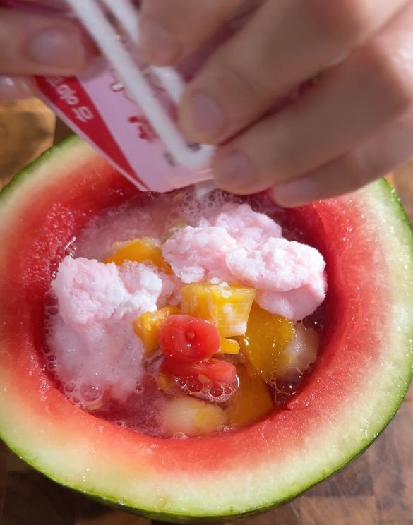 frozen milk added to the bowl