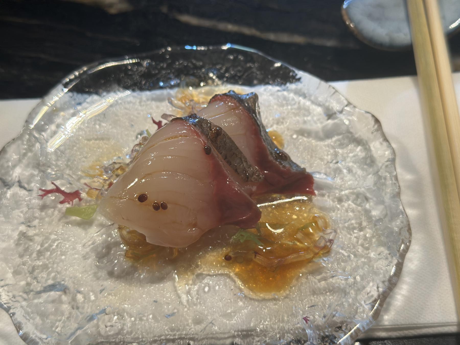 smoked yellowtail with seaweed noodles