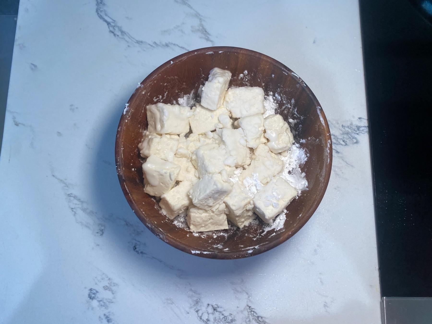 Tofu coated with potato starch