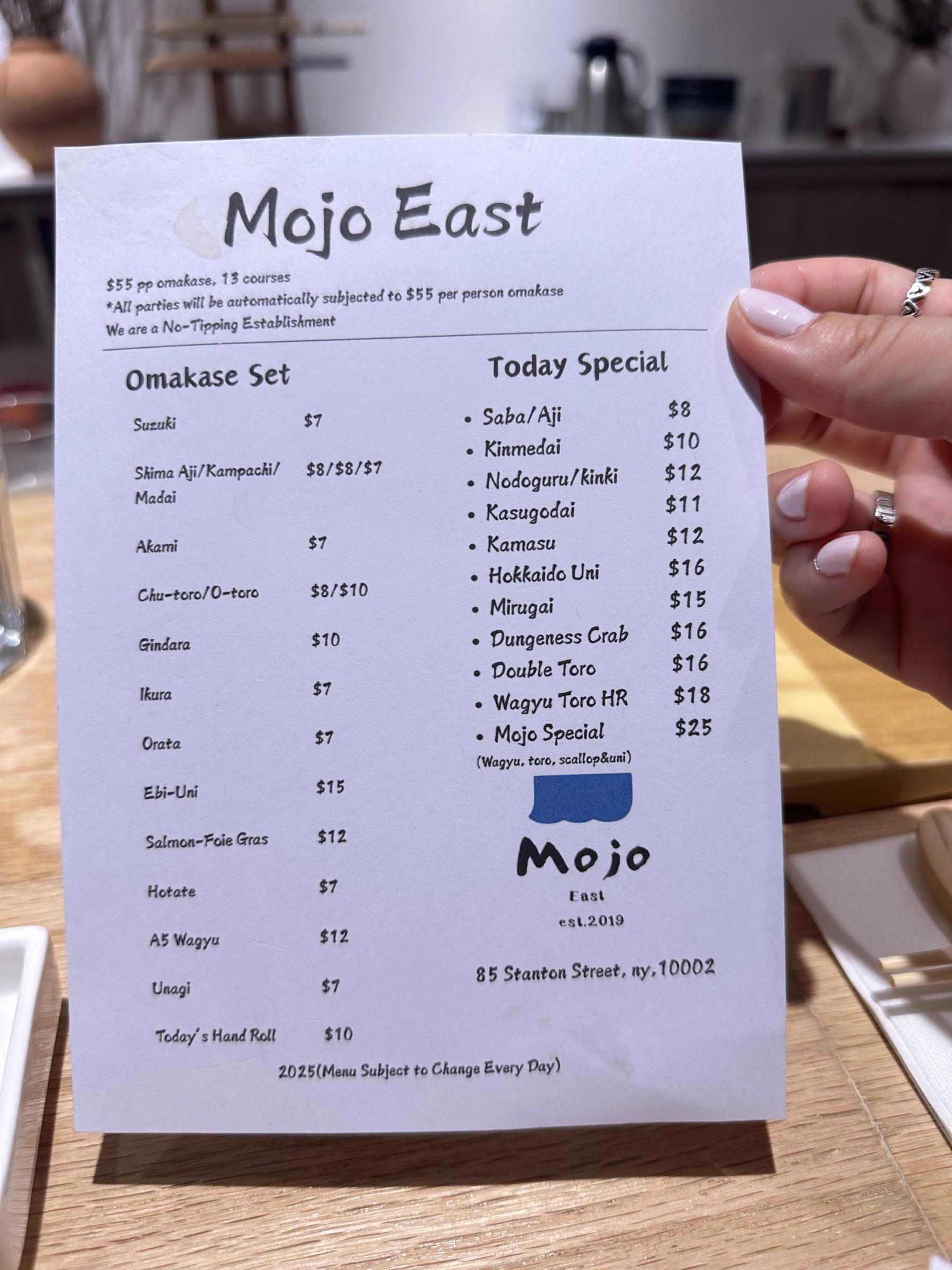 Mojo east menu
