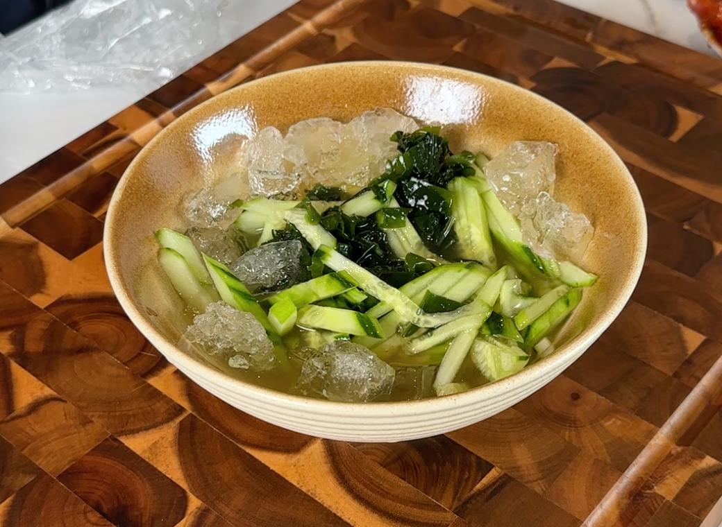 ice and broth added to the bowl