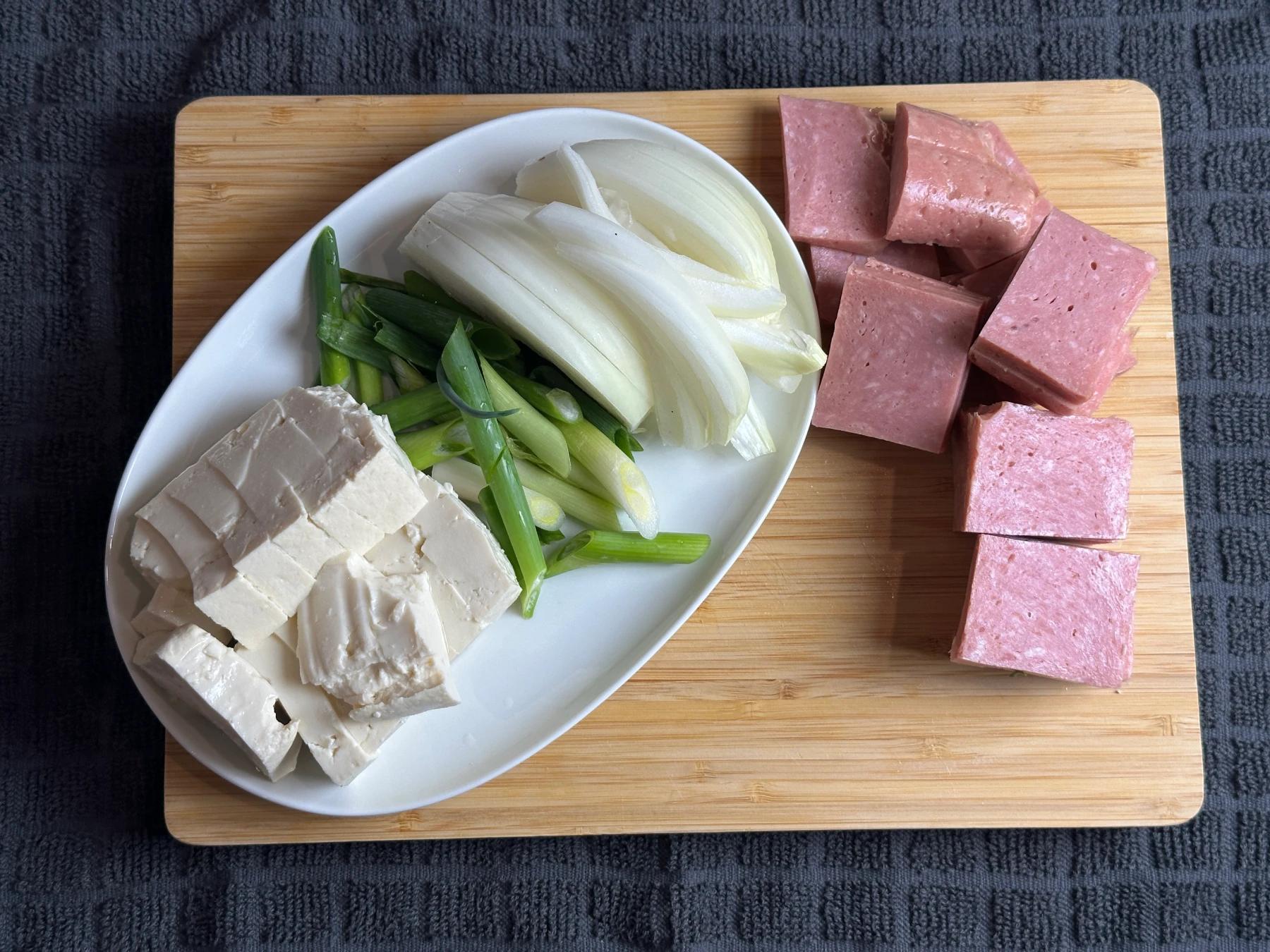 tofu, green onions, onions and spam
