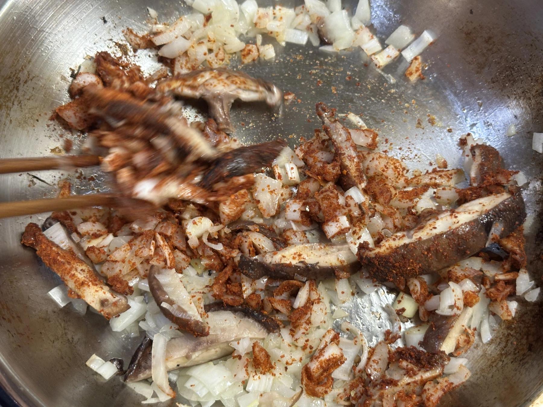 red pepper powder added to the pan