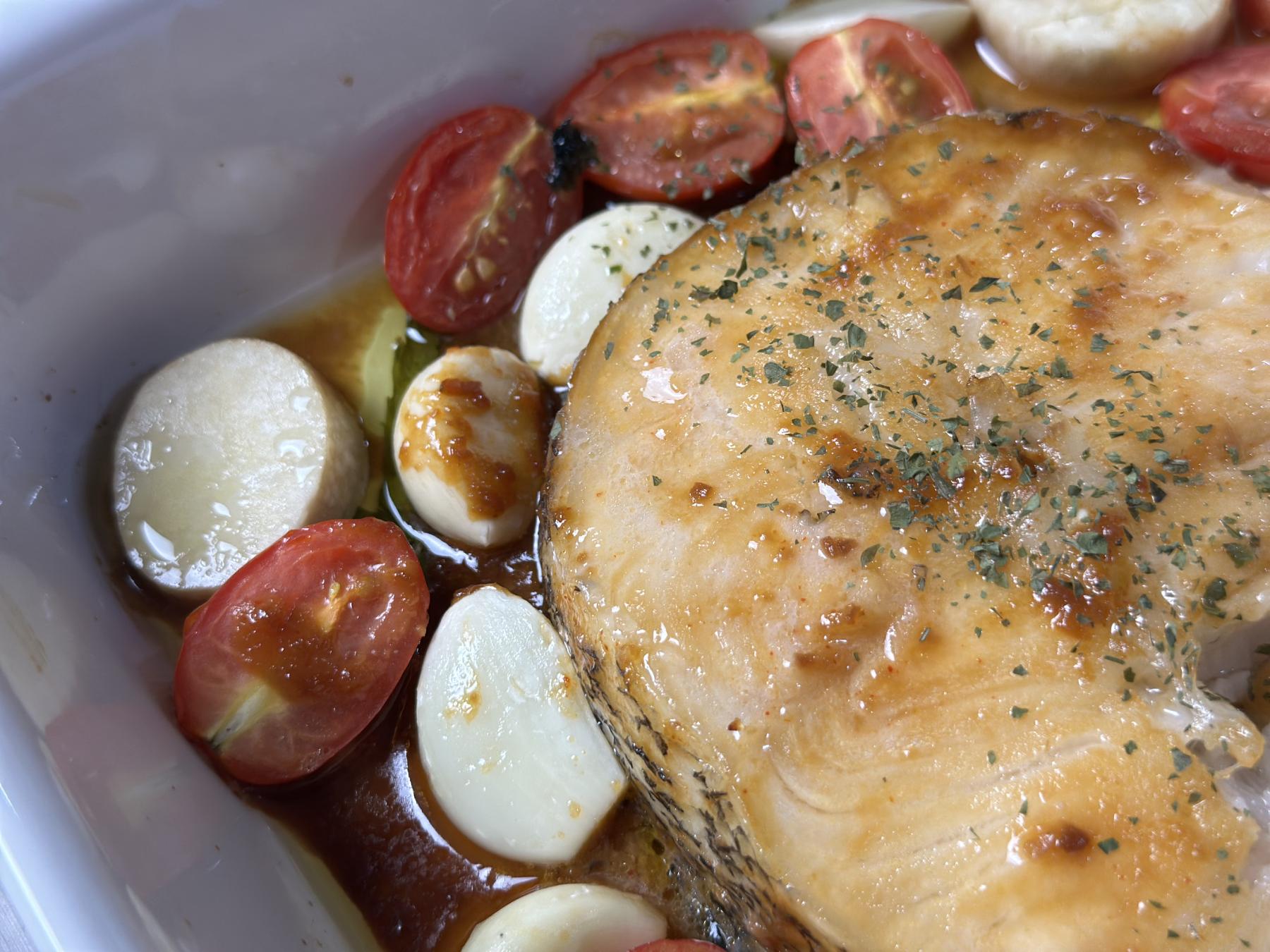 Baked miso sea bass
