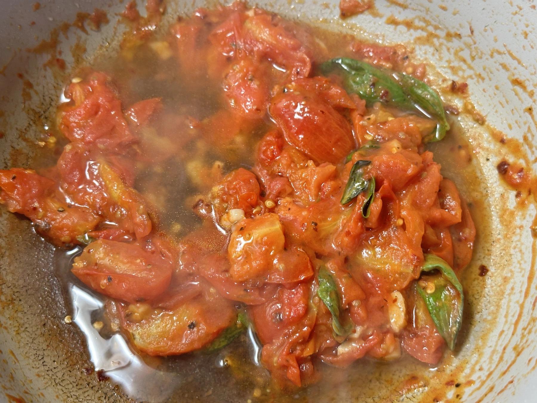 pasta water added to the pan