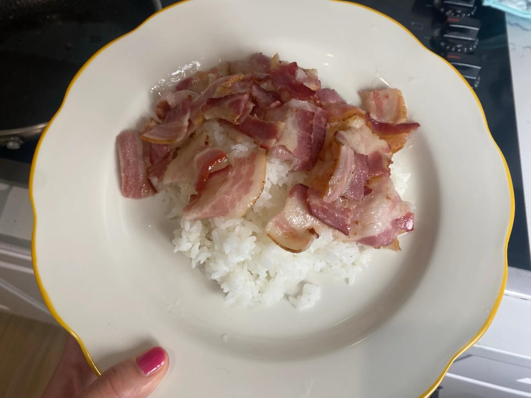 place bacon on the rice