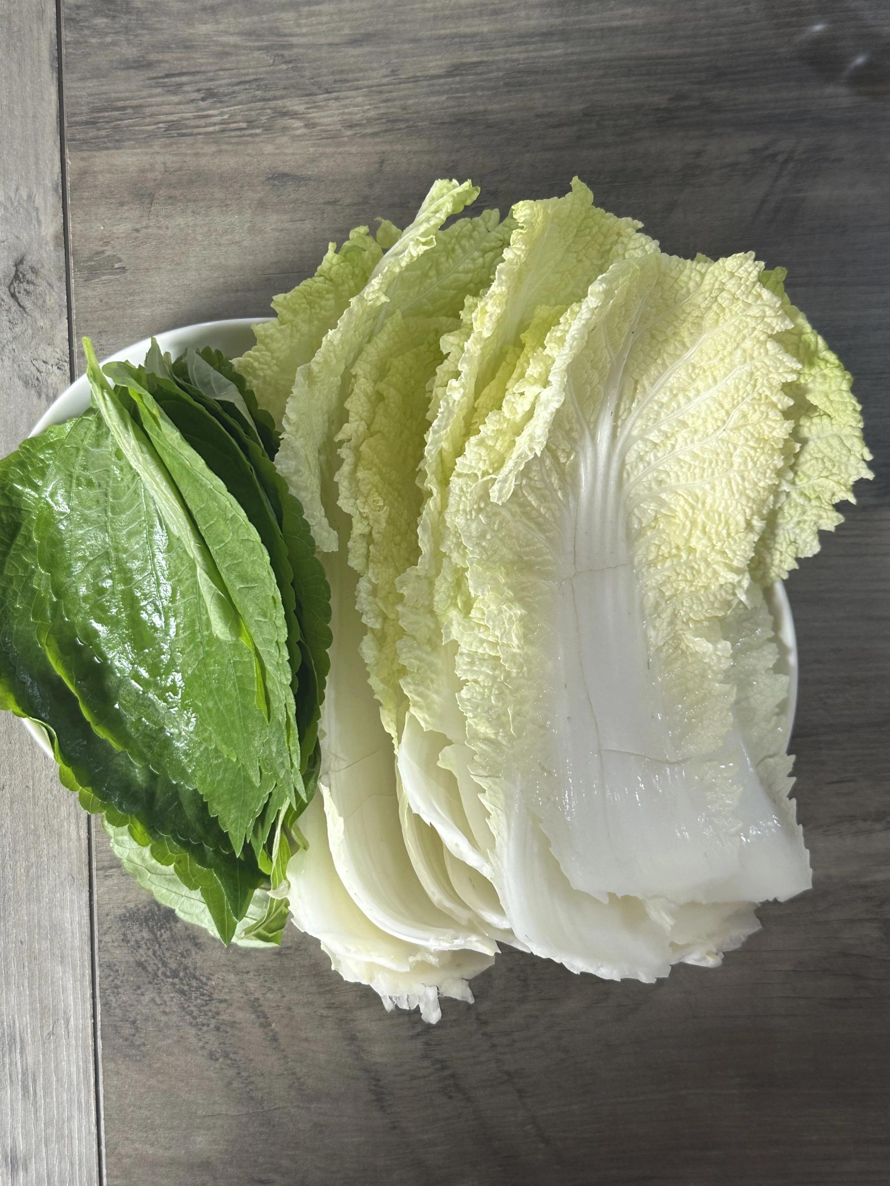 napa cabbage and perilla leaves