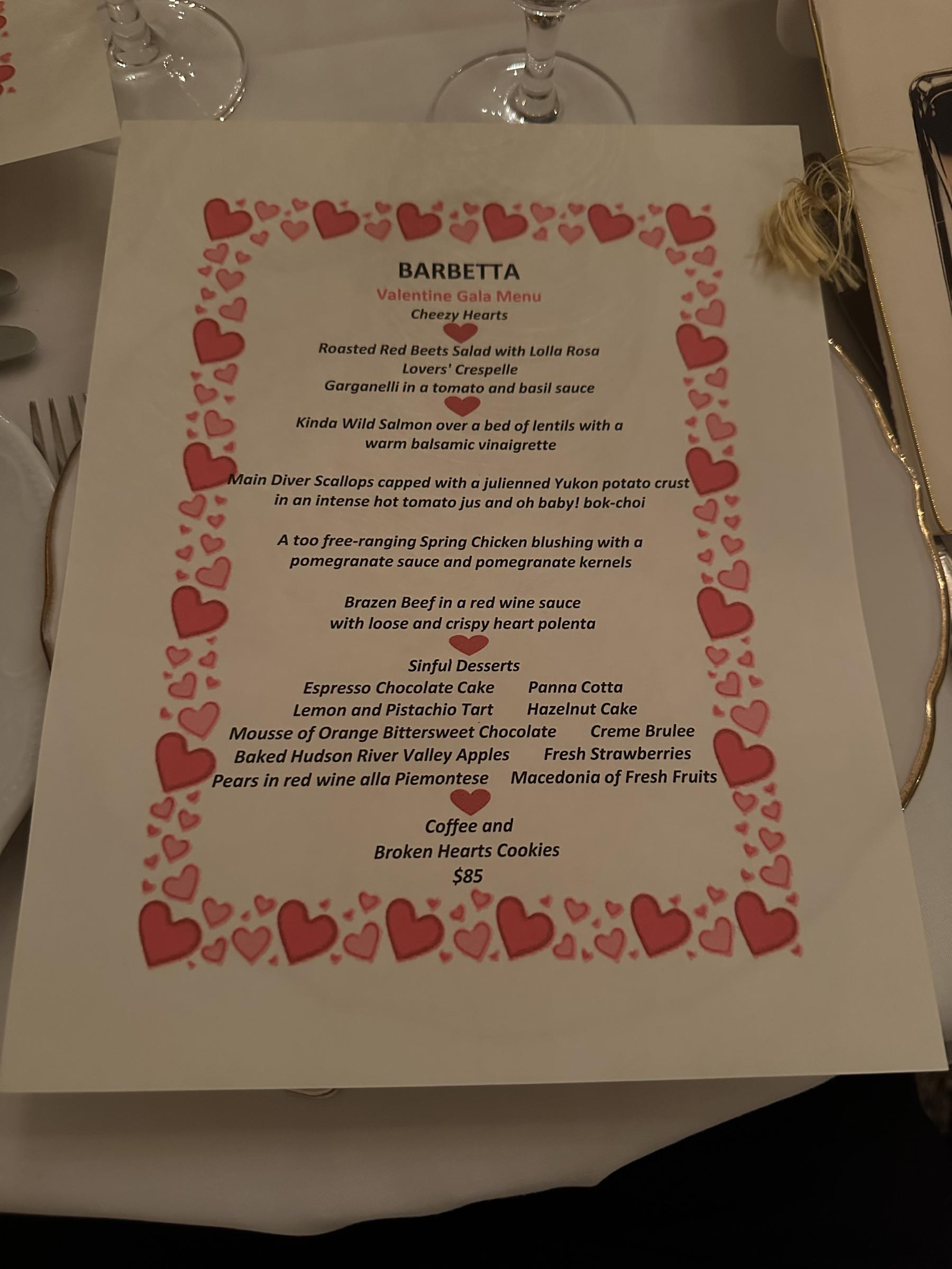 Barbetta Valentine's special fixed menu