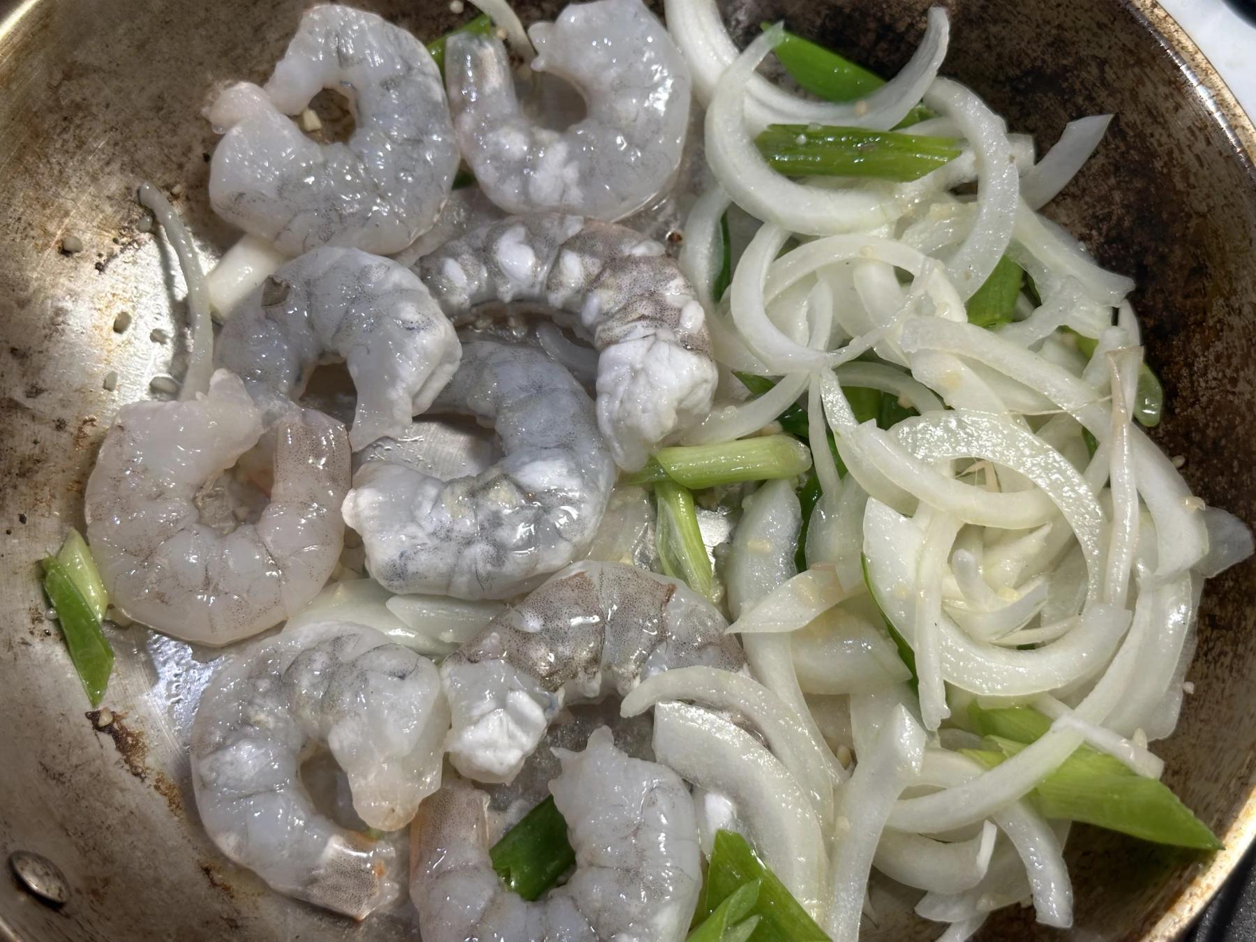 shrimp with green onion, garlic and onion