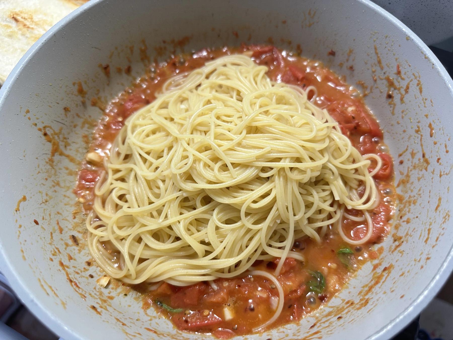 pasta added to the pan