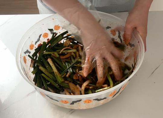 mixing chives and paste
