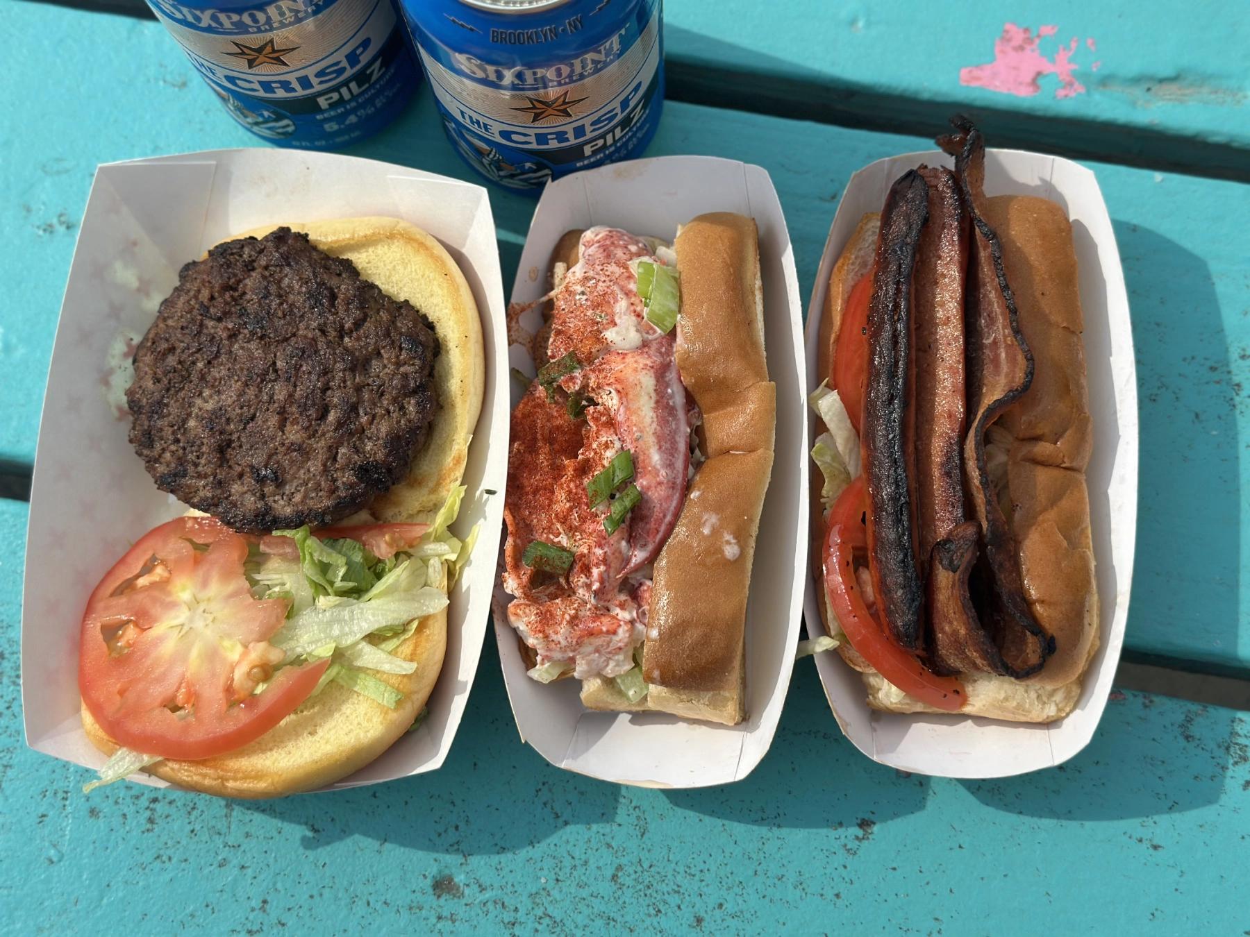 hamburger, lobseter roll and blt hot dog
