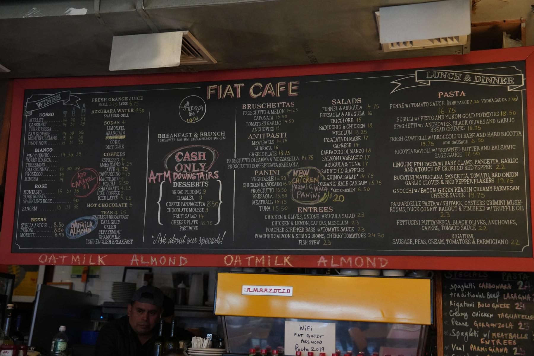 menu at fiat cafe