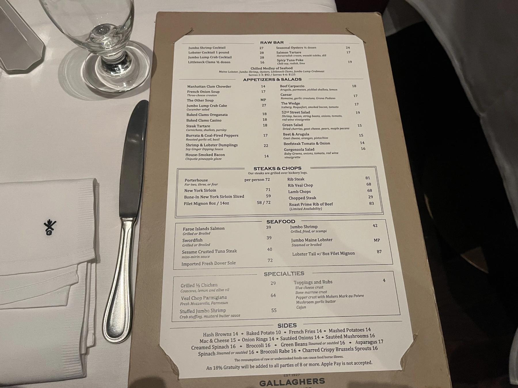 Gallaghers steakhouse menu