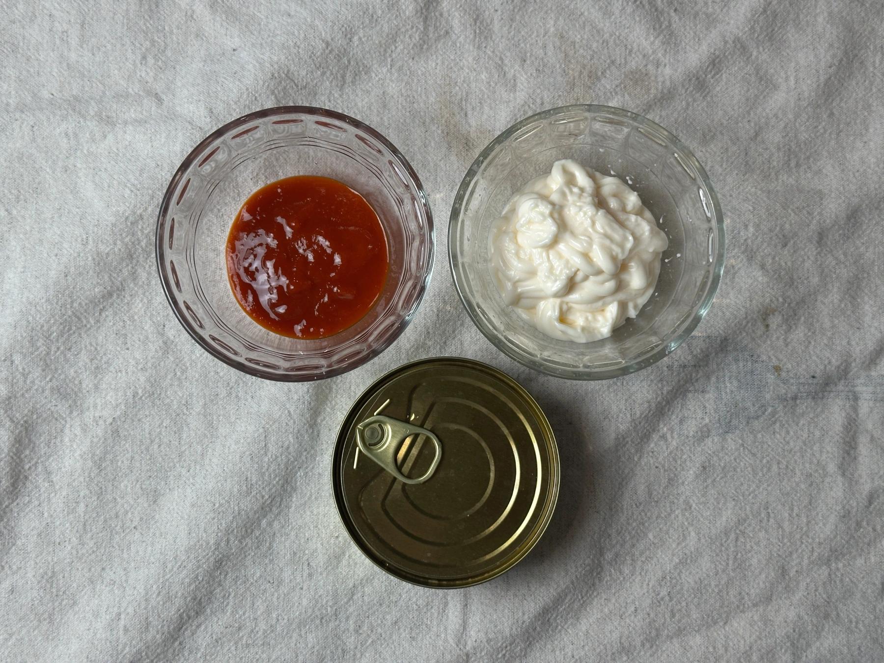 sriracha, mayonnaise, tuna can