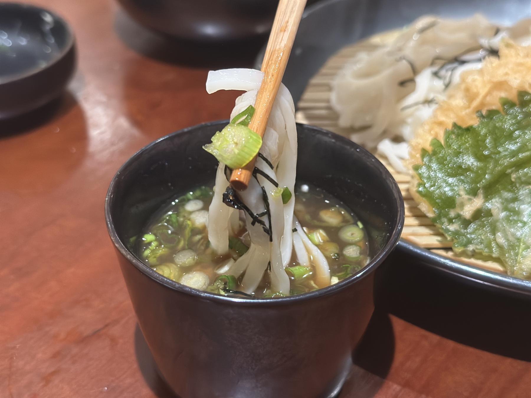udon dipped in the sauce