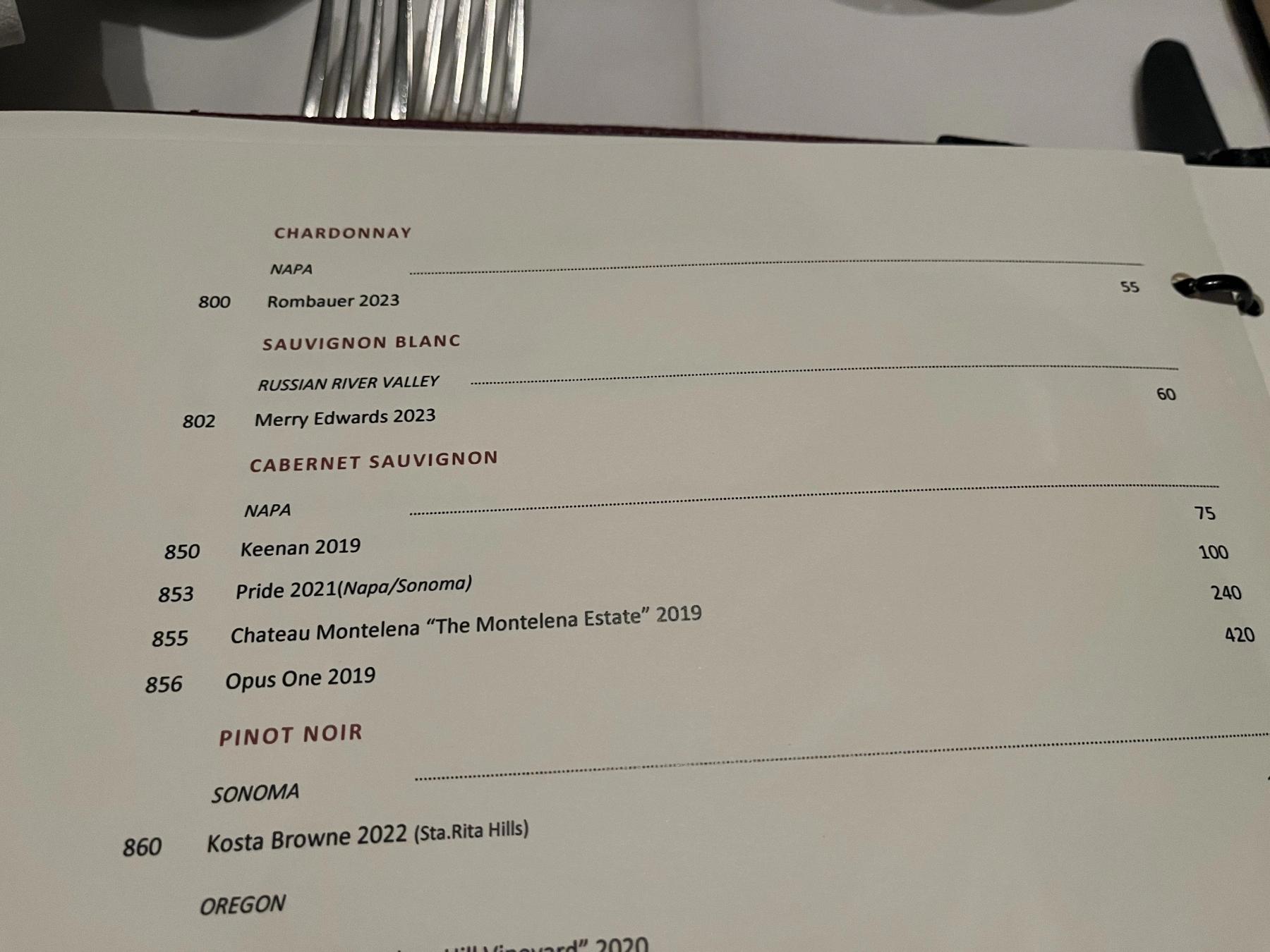 Gallaghers steakhouse wine list