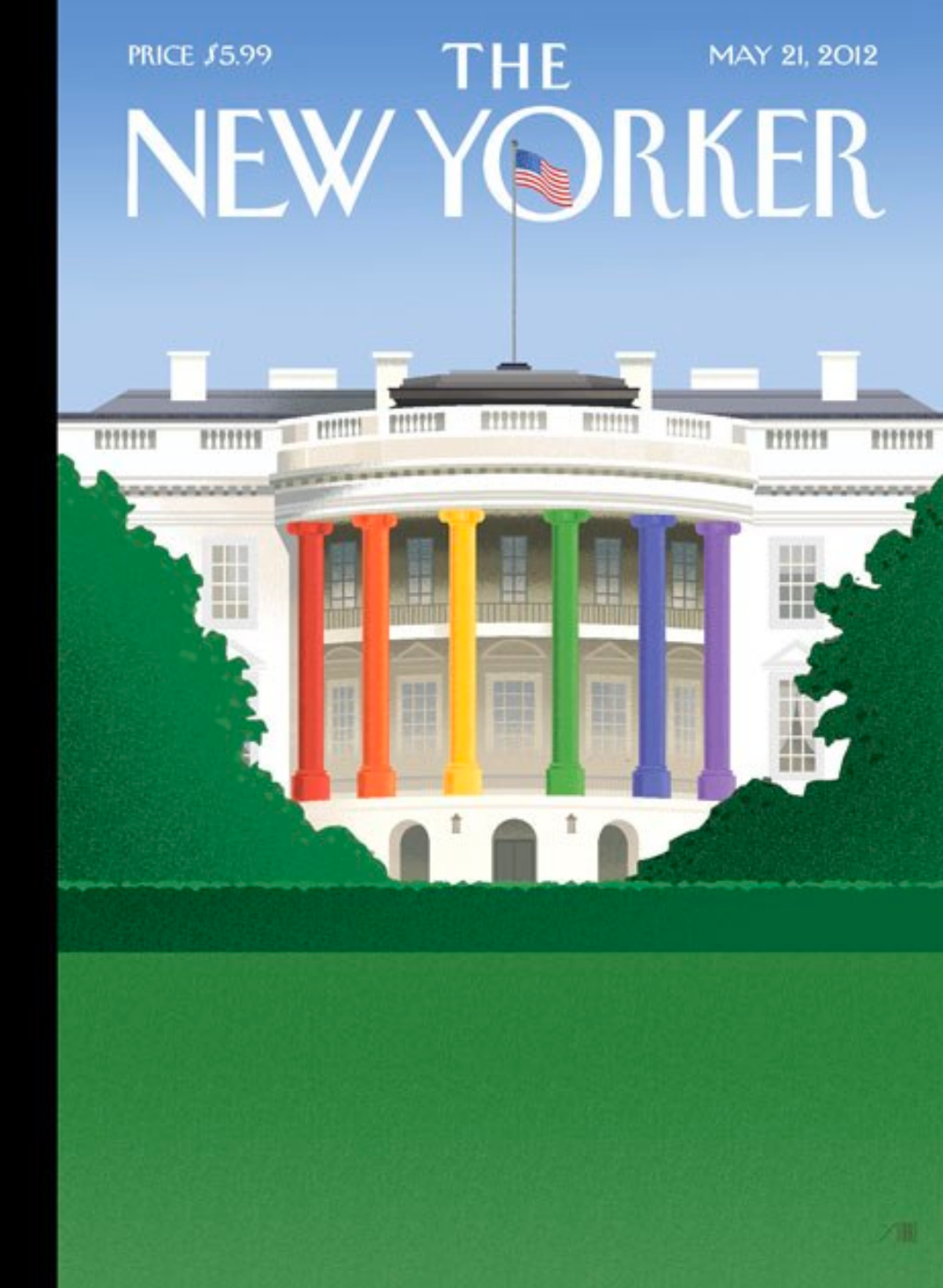 《紐約客》雜誌 （The New Yorker）2012年5月21日的雜誌封面,白宮柱子用象徵同性團體的彩虹繪成彩虹柱。 圖片來源： https://www.newyorker.com/culture/culture-desk/cover-story-obamas-gay-marriage-announcement