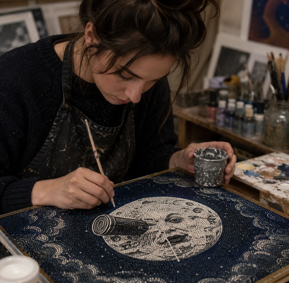 Lina Delacour travaillant sur une peinture de lune en pointillisme dans son atelier.