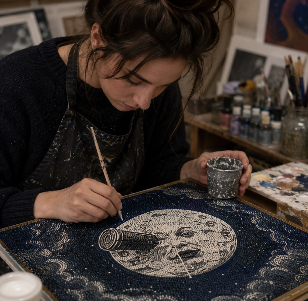 Lina Delacour travaillant sur une peinture de lune en pointillisme dans son atelier.