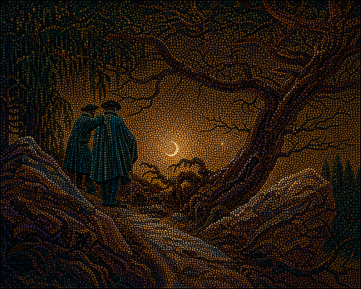 Deux silhouettes observant la lune dans un paysage nocturne, réinterprétées en pointillisme contemporain par Lina Delacour.