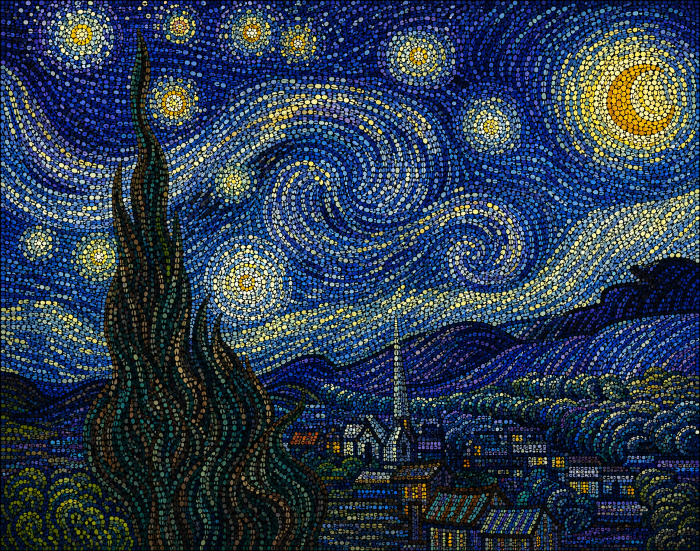 Ciel nocturne tourbillonnant illuminé par la lune et les étoiles, réinterprété en pointillisme contemporain par Lina Delacour.