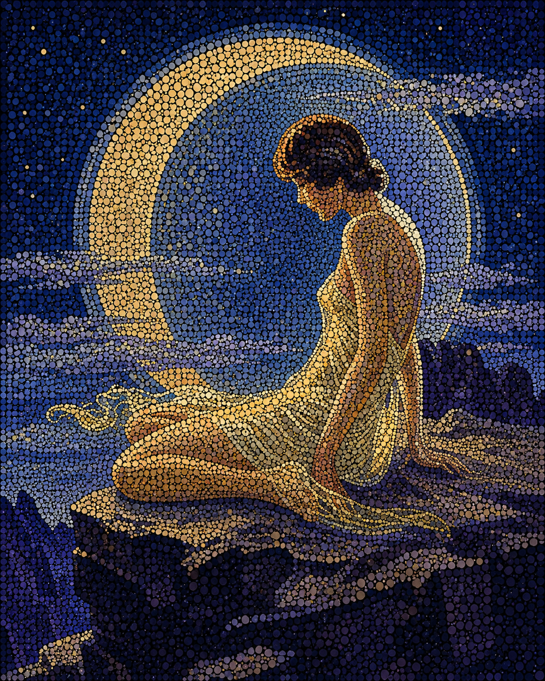 Jeune femme assise devant une lune lumineuse, réinterprétée en pointillisme contemporain par Lina Delacour.