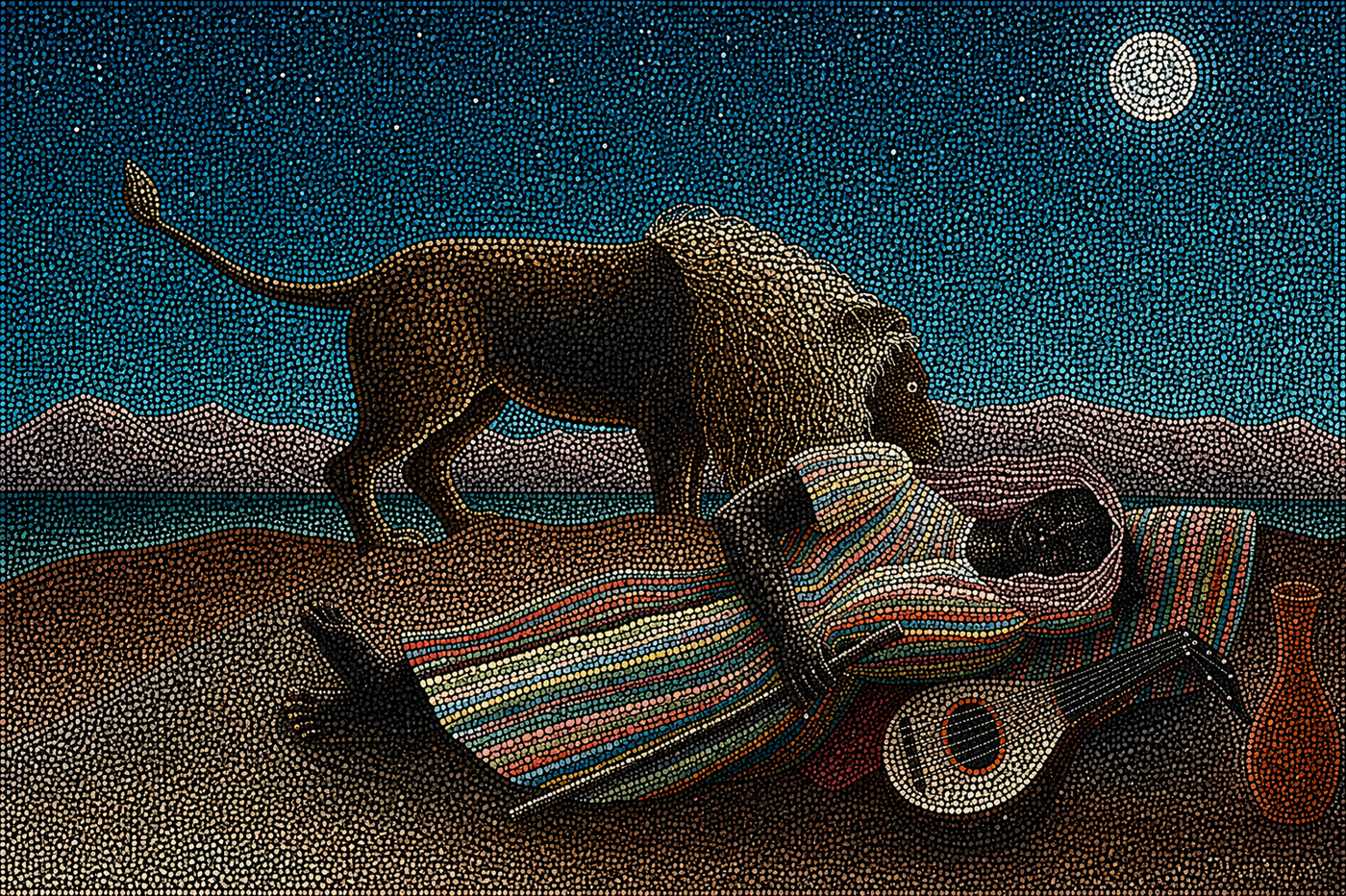 Femme endormie dans un paysage désertique sous la lumière de la lune, observée par un lion, réinterprétée en pointillisme contemporain par Lina Delacour.